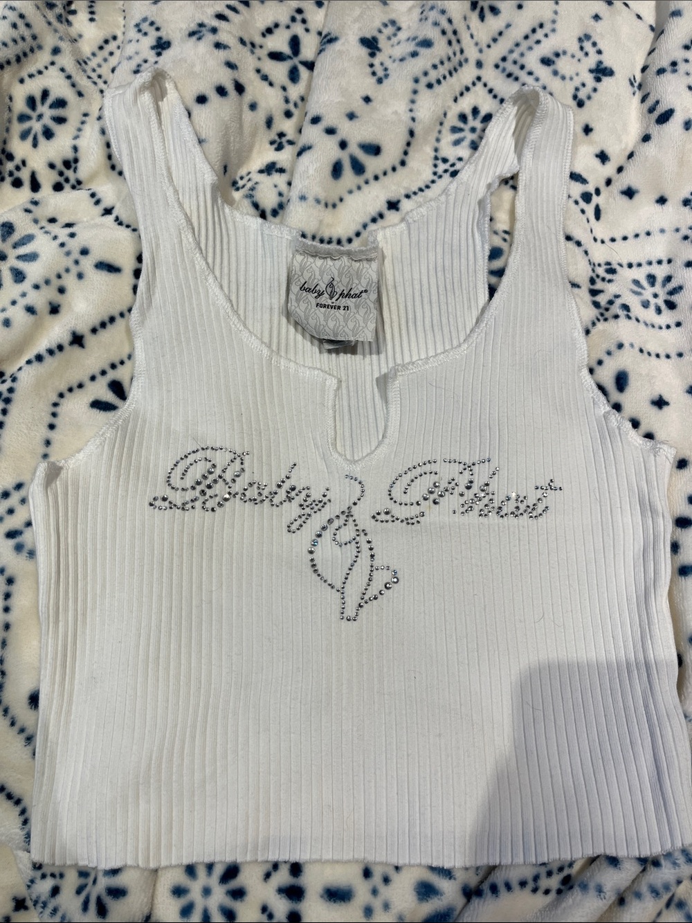 Baby Phat White Ribbed Rhinestone Logo Tank